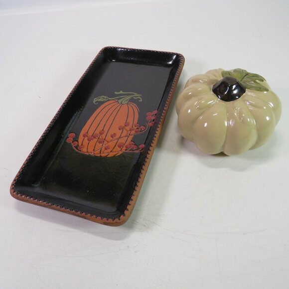 Tan Pumpkin & Embossed Tray Ceramic Fall Autumn Halloween Decor - Picture 1 of 10